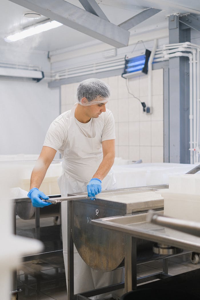 about-01 Man in a protective suit managing machinery in a dairy processing facility.